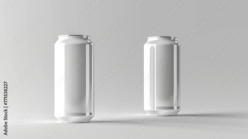 Mock up, space for advertisement. Two plain white metal cans, lemonade or bear, or tonic concept, on white background