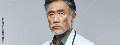 Middle aged Asian doctor talking with video call. with copy space image. Place for adding text or design photo