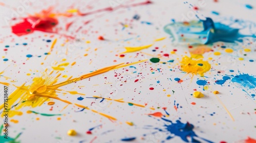 Vibrant paint splatters scattered across a pristine white table, a dynamic centerpiece for creative inspiration.