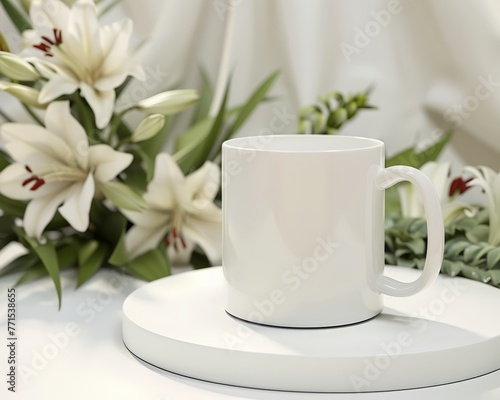 A white coffee cup is placed on top of a white table, creating a simple and clean aesthetic