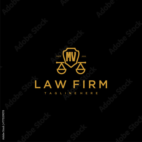 MV initial monogram for lawfirm logo with scales shield image