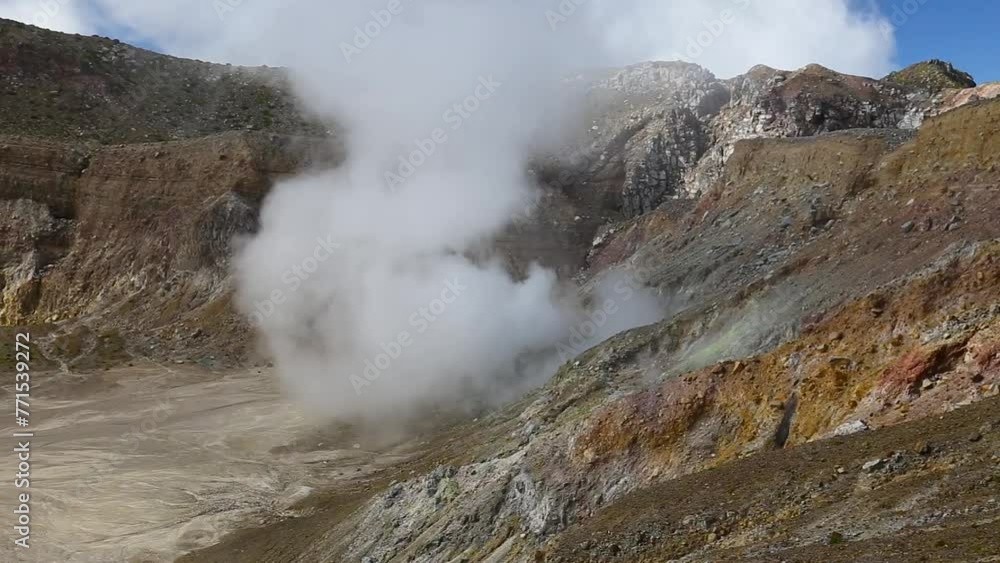 Natural hot steam and geysers surrounded by mountains under the blue cloudy sky Natural hot steam and geysers surrounded by mountains under the blue cloudy sky