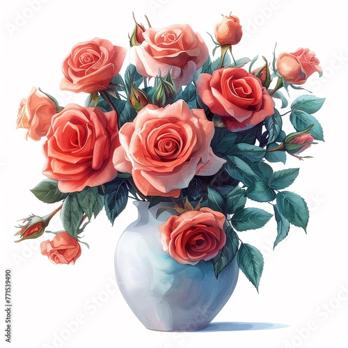 Bright  colorful cartoon roses in watercolor style  pastel vase on white background  super realistic clean sharp focus