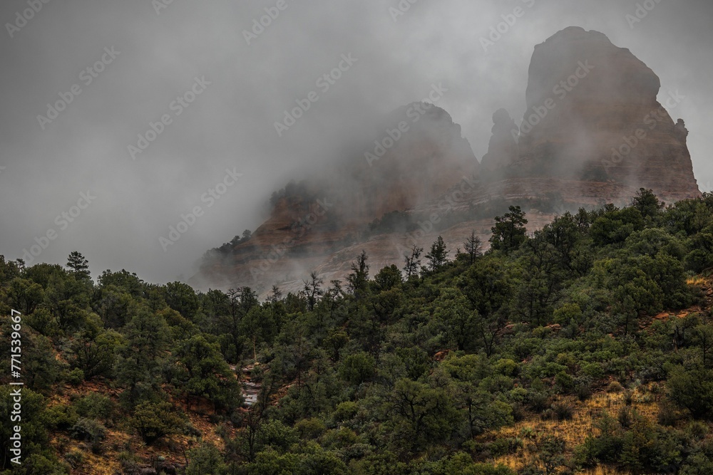Landscape of canyons on a foggy day in Arizona, US