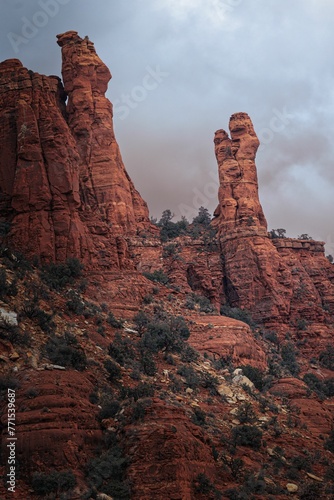 Vertical shot of canyons on a cloudy day in Arizona, US