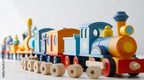 Wooden toy train set, with vibrant locomotives and carriages, evoking a sense of nostalgic joy.