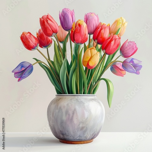 Whimsical cartoon tulips, watercolor pastels, in a simple vase, colorful on white ,3DCG,high resulution