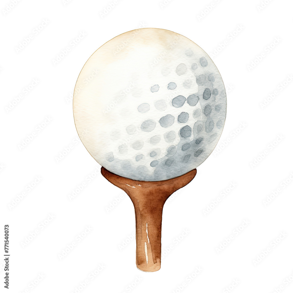 Naklejka premium AI-generated watercolor golf ball on a tee clip art illustration. Isolated elements on a white background.