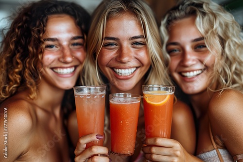 Group of happy friends drinking juice 