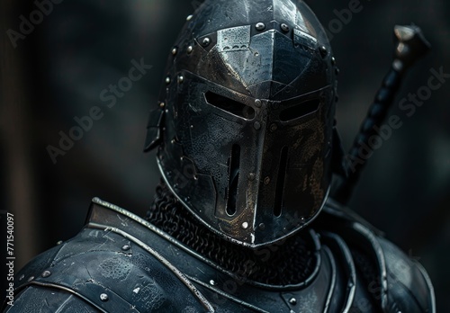 armored knight, dark tones, close-up, shiny armor 