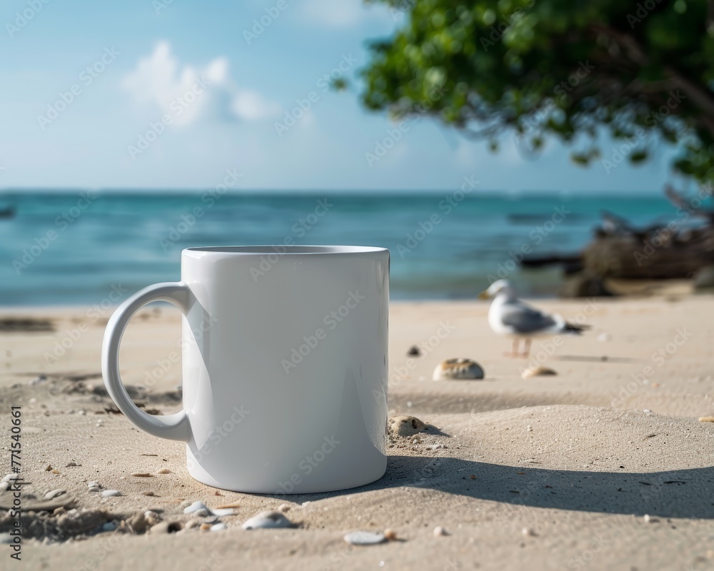 A white coffee cup is placed on top of a sandy beach, the contrast between the white cup and the golden sand creates a simple scene A white coffee cup is placed on top of a sandy beach, the contrast between the white cup and the golden sand creates a simple scene