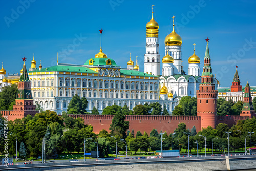 Historical Grandeur: The Majestic View of Russian Kremlin Architecture Against a Blue Sky
