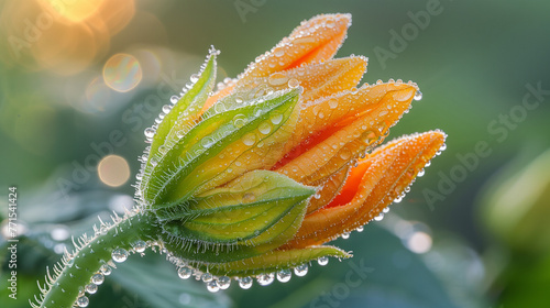 A close-up shot captures the organic zucchini flowers blooming in the garden, their vibrant petals unfurling under the gentle early morning light.