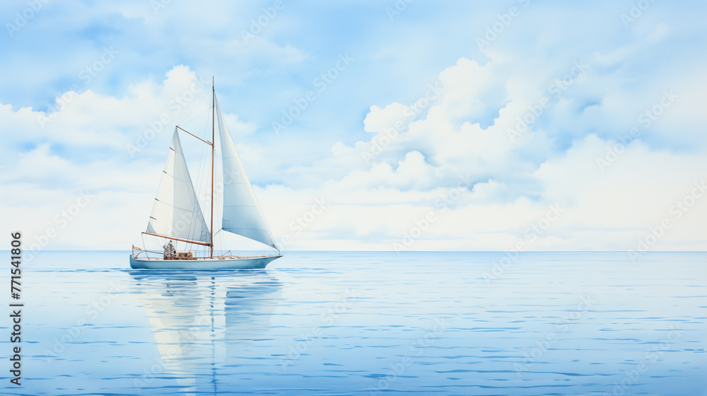 Tranquility envelops a sailboat's journey across a serene sea in a digital watercolor portrayal, where its silhouette seamlessly merges with the gentle hues of the sky.