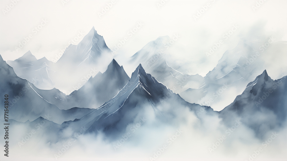 A serene watercolor painting captures the tranquil beauty of a misty mountain range bathed in soft.