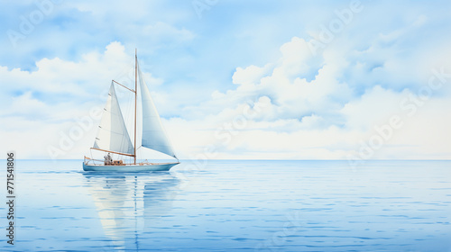 Tranquility envelops a sailboat's journey across a serene sea in a digital watercolor portrayal, where its silhouette seamlessly merges with the gentle hues of the sky.