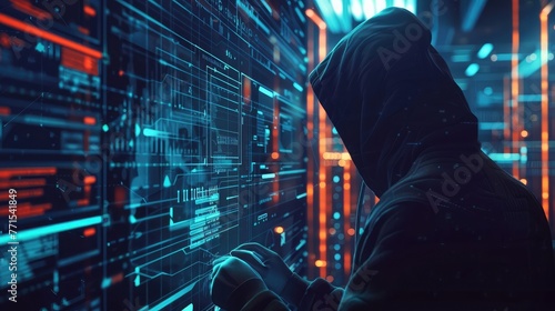 Hacker working on code on dark digital background with digital interface around user privacy security and encryption secure internet access Future technology and cybernetics Internet crime concept photo