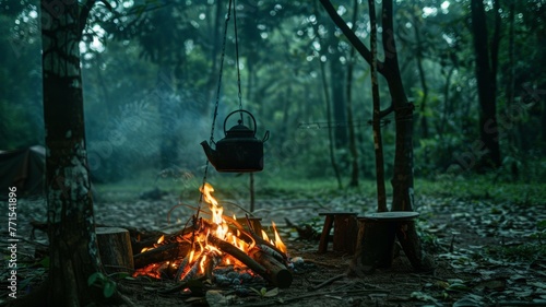 A campfire burns in the woods with a kettle hanging over it, emitting steam as it heats water for outdoor cooking