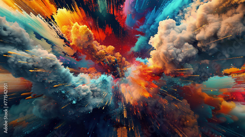 AI generative images with a multicolored explosion of a bomb. photo