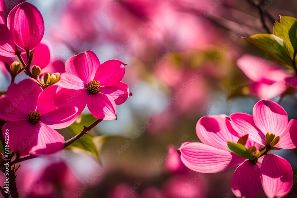 Close-up of stunning, vivid pink dogwood blooms in the springtime set on a blurry blossom background Close-up of stunning, vivid pink dogwood blooms in the springtime set on a blurry blossom background