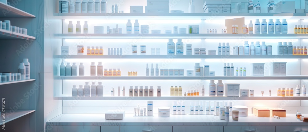 Pharmacy shelf stocked with medications, order, clear labels, bright light. 