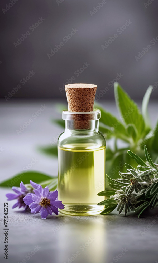Fresh essential oil bottle and green herbs and flowers on light background ,Essential oil in glass bottle for cosmetics, relaxing, massage. Aromatherapy and woman perfume concept. Fresh essential oil bottle and green herbs and flowers on light background ,Essential oil in glass bottle for cosmetics, relaxing, massage. Aromatherapy and woman perfume concept.