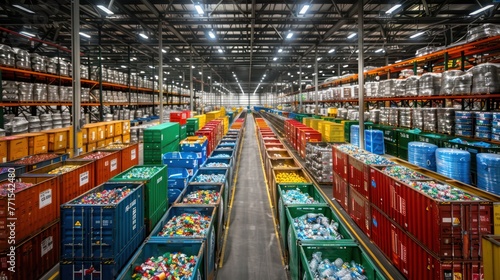 A large warehouse filled with brightly colored trash cans and boxes of recycled materials.