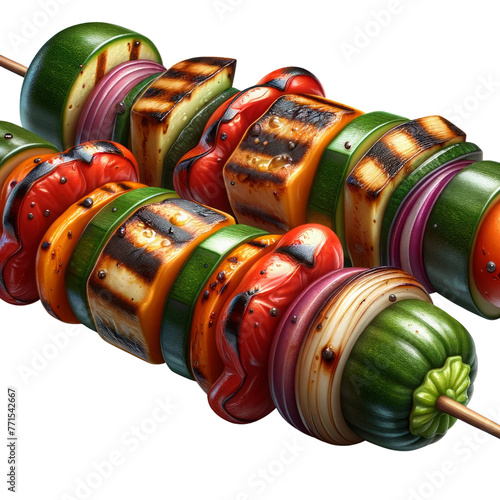 Two skewers of vegetables, including peppers, onions, and zucchini, catering , italy food, industry ,3D render, isolated on a transparent background