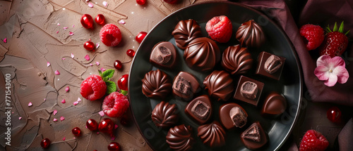 A plate of chocolate covered strawberries and raspberries, chocolate cream background