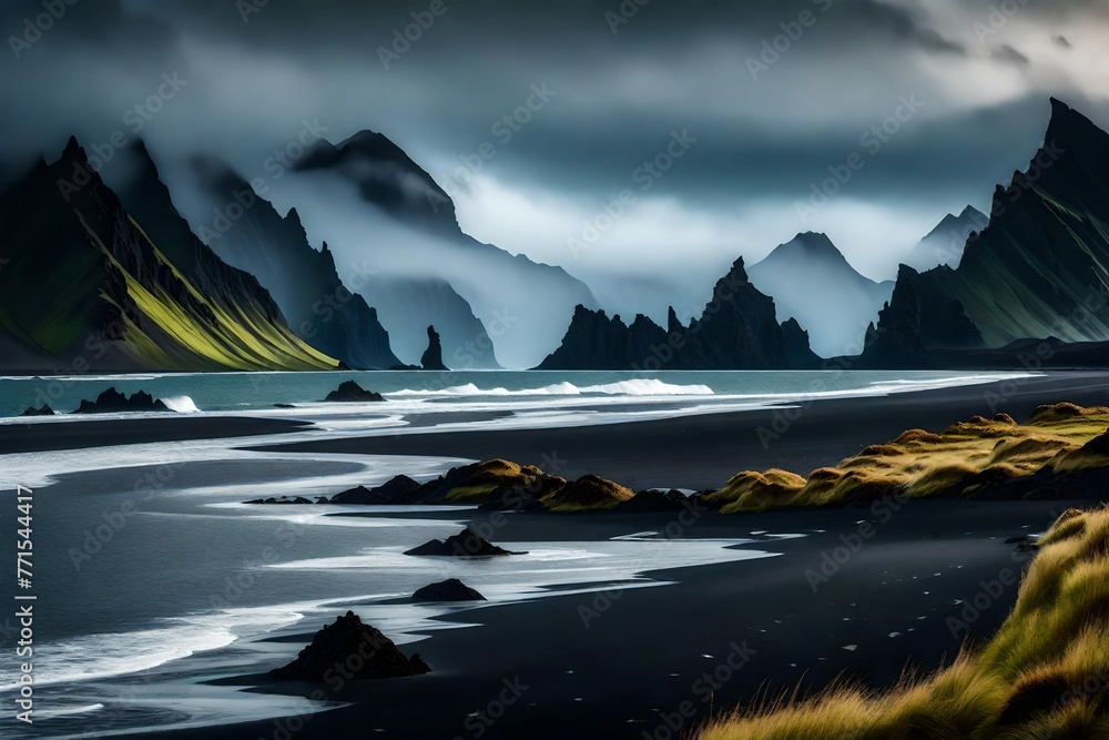 Naklejka premium Outstanding Icelandic Seascape in Color. Fantastically picturesque Scene near Vestrahorn Mountain and Stokksnes Cape, with black sand dunes in the foreground illuminated by sunshine