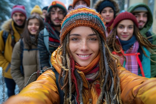 Multiethnic guys and girls taking selfie.