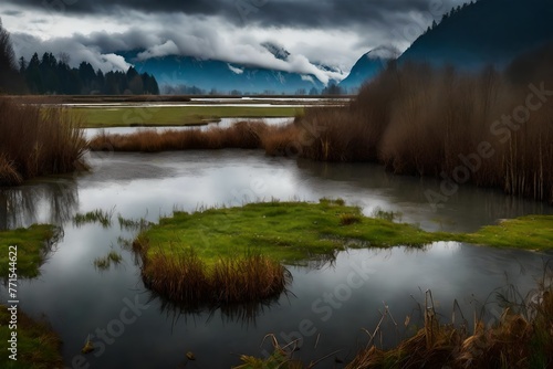 Overlooking the Pitt River and Pitt-Addington Marsh lagoons in Pitt Polder, close to Maple, are ominous clouds covered in rain on a chilly spring day photo
