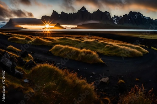 This panoramic image was taken in southeast Iceland at a warm dawn in the Vesturhorn highlands photo