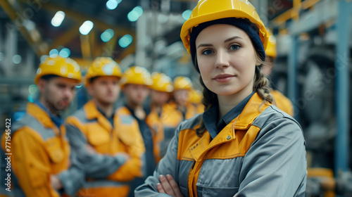 Skillful worker stand together by a woman in a safety helmet showing teamwork in the factory . Industrial people and manufacturing labor concept .