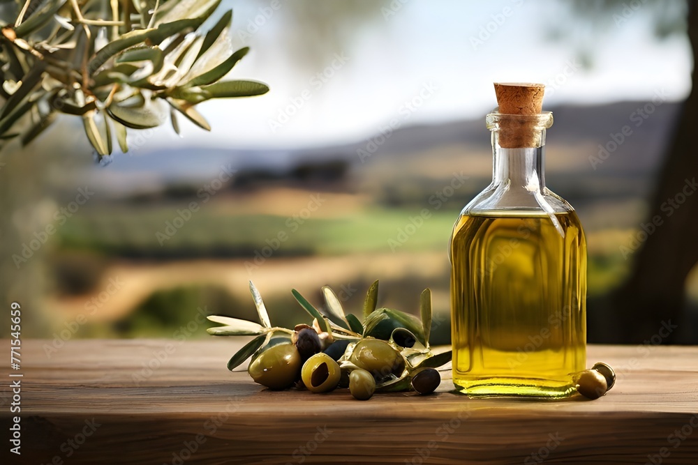 Glass container with olive oil on wooden table with branches and olives in crop field full of olive trees with sunshine. Generated AI Glass container with olive oil on wooden table with branches and olives in crop field full of olive trees with sunshine. Generated AI