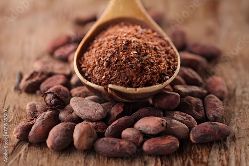cocoa powder in spoon on roasted cocoa chocolate beans background. Generated AI
