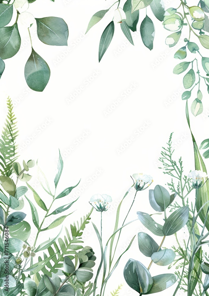Naklejka premium Floral composition with copy space in center. Green leaves of eucalyptus, fern on white background.