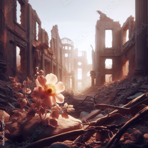 A beautiful flower against the background of a ruined building.