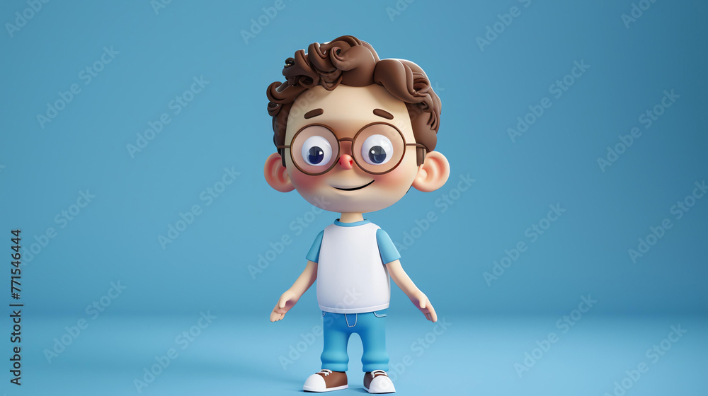 This is a 3D rendering of a young boy. He has brown hair, blue eyes, and is wearing glasses. He is wearing a white shirt, blue pants, and white shoes.