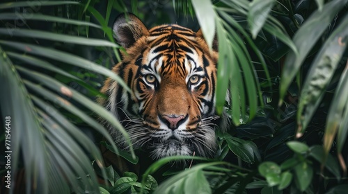 Hidden tiger gazing through lush greenery