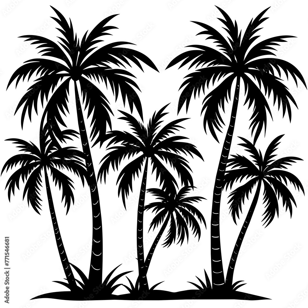 black palm trees set isolated on white background