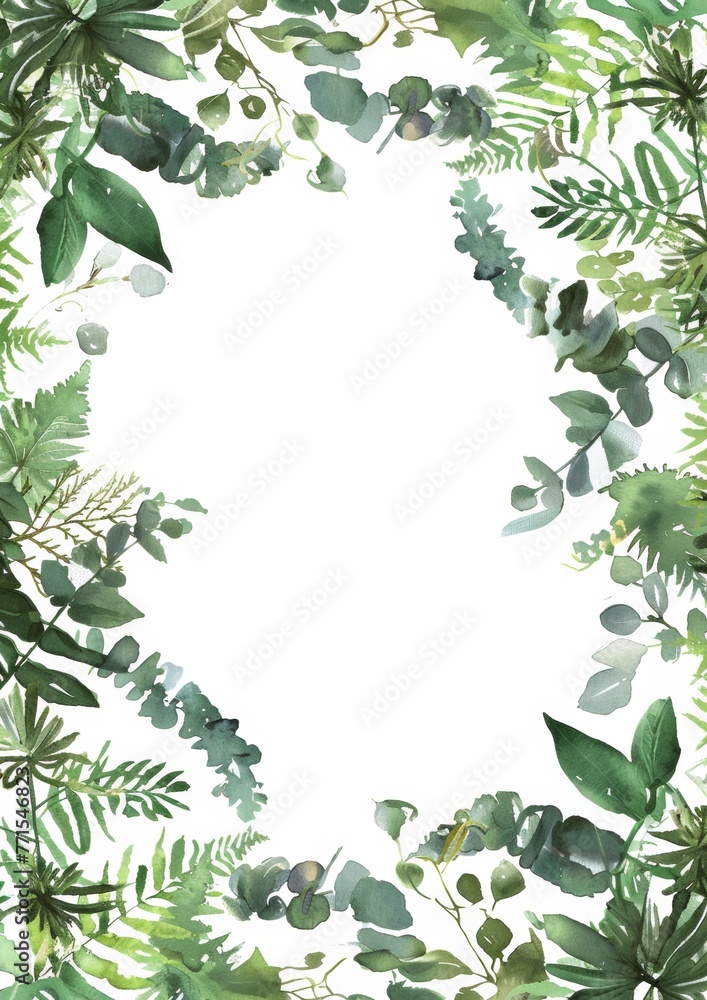 Naklejka premium Floral composition with copy space in center. Green leaves of eucalyptus, fern on white background.