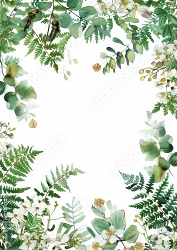 Floral composition with copy space in center. Green leaves of eucalyptus  fern on white background.