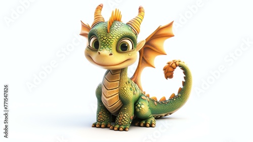 Cute and adorable green dragon with yellow wings sitting on a white background. The dragon has big green eyes and a friendly smile.