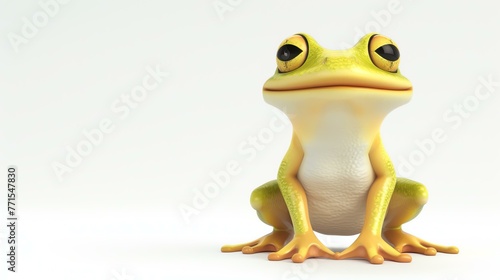 Cute green frog sitting on a white background, looking at the camera with a friendly smile on its face.