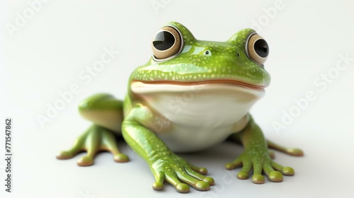 A cute green frog is sitting on a white background. The frog has big, round eyes and a friendly smile.