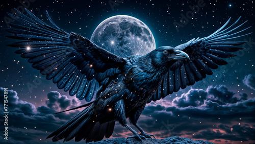 Beautiful mystical background with black raven and moon
