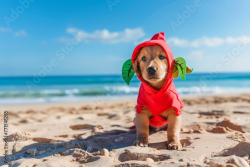 A small dog wearing a red shirt walks on a sandy beach with waves in the background © pham