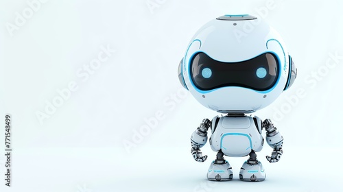 Cute and friendly robot standing and looking at the camera. The robot is white with blue eyes and a blue light on its head. photo
