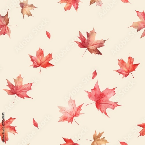 Watercolor illustration of red maple leaves, seamless pattern